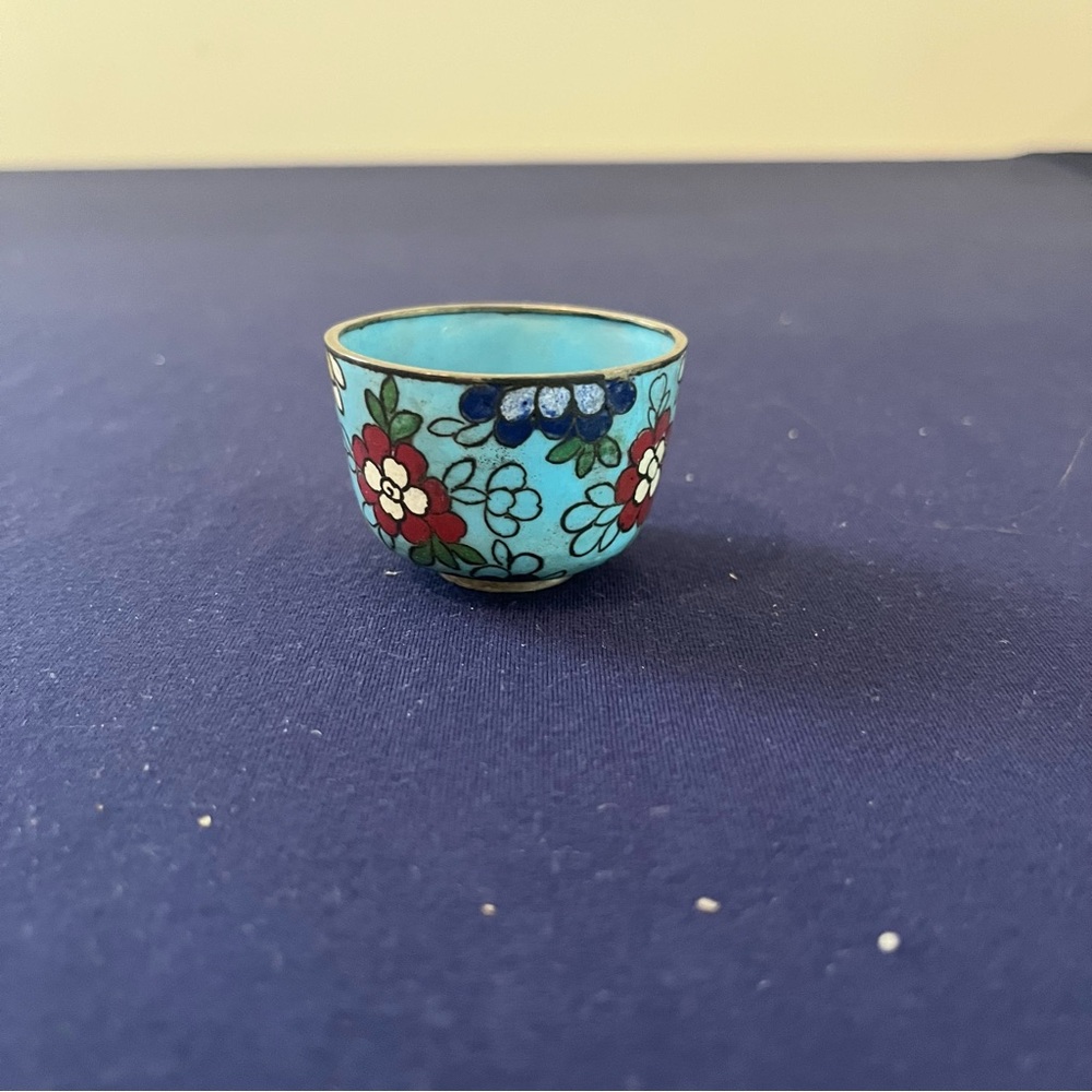 Vintage Or Antique Possible Chinese Copper Cloisonné  Open Salt Cellar Blue